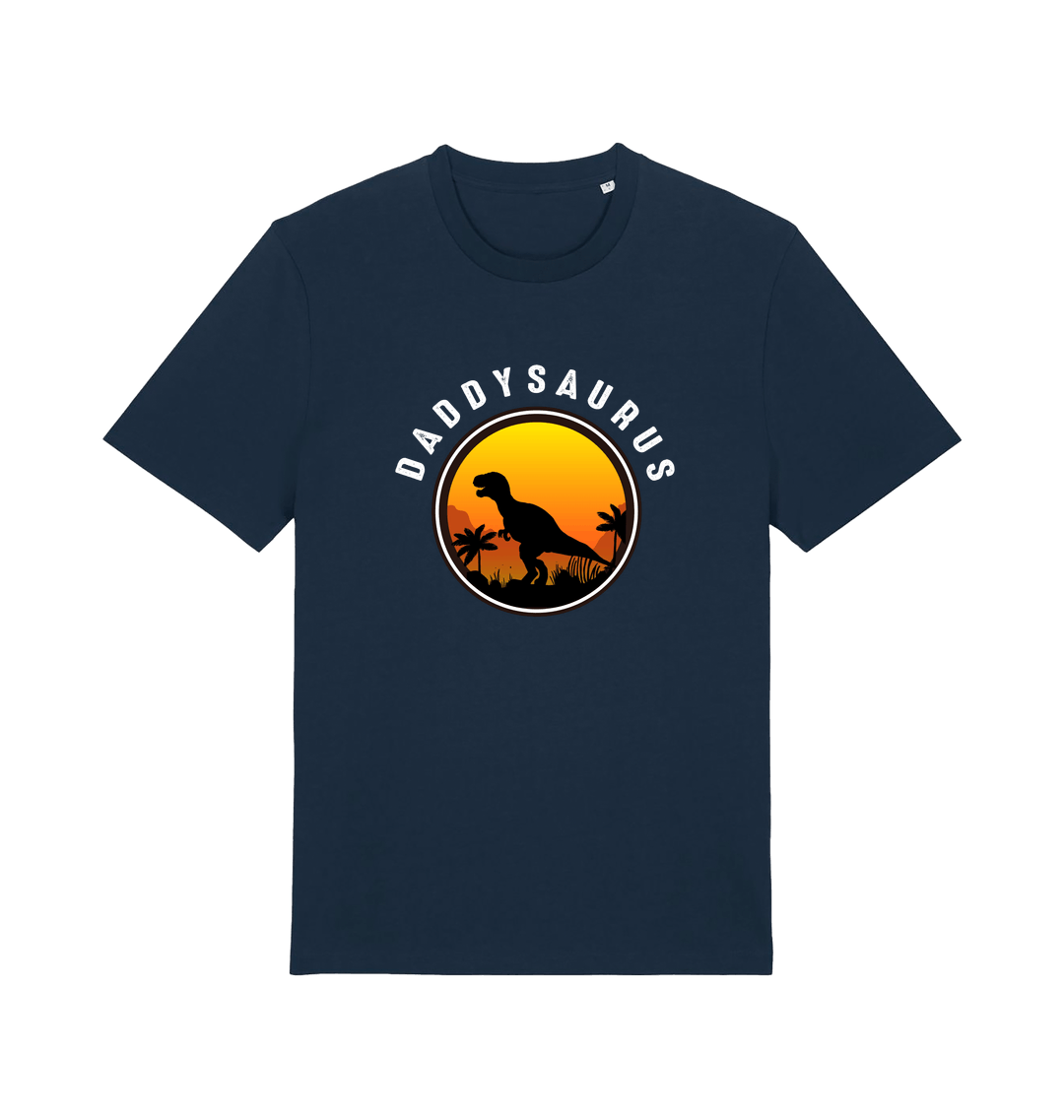 navy dad t-shirt with 'Daddysaurus' graphic design featuring a dinosaur silhouette against a sunset 