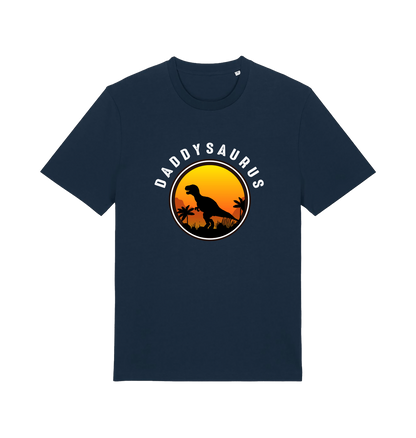 navy dad t-shirt with 'Daddysaurus' graphic design featuring a dinosaur silhouette against a sunset 