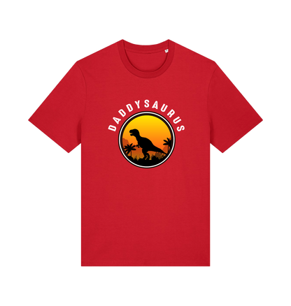 red dad t-shirt with 'Daddysaurus' graphic design featuring a dinosaur silhouette against a sunset 