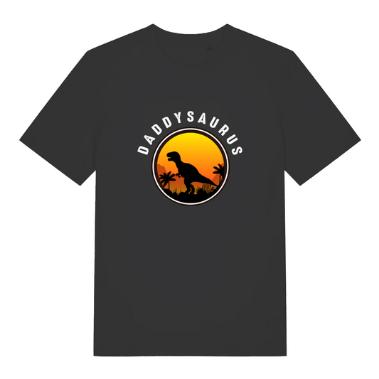 black dad t-shirt with the graphic of a t-rex and the slogan 'daddysaurus'