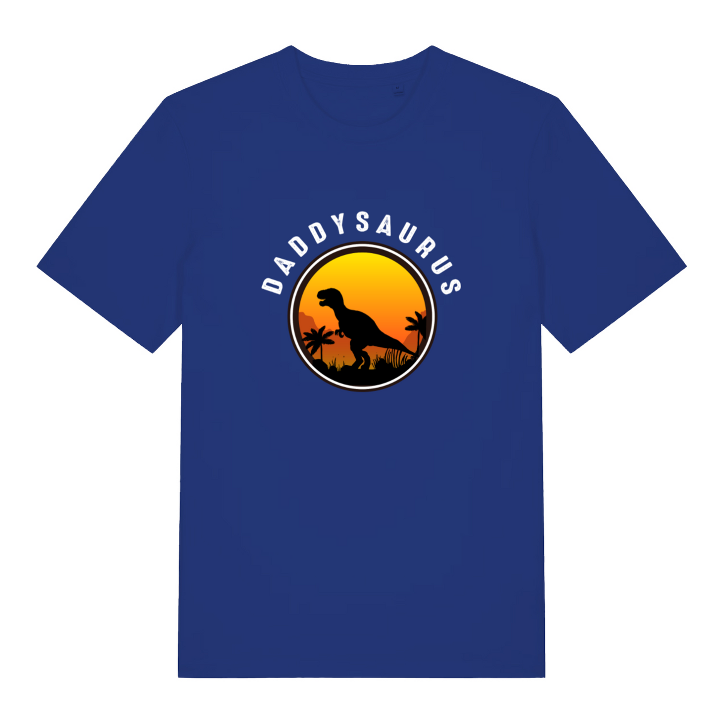 blue dad t-shirt with the graphic of a t-rex and the slogan 'daddysaurus'