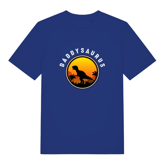 blue dad t-shirt with the graphic of a t-rex and the slogan 'daddysaurus'