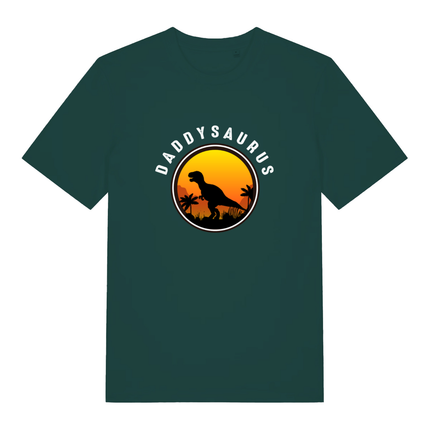 green dad t-shirt with the graphic of a t-rex and the slogan 'daddysaurus'