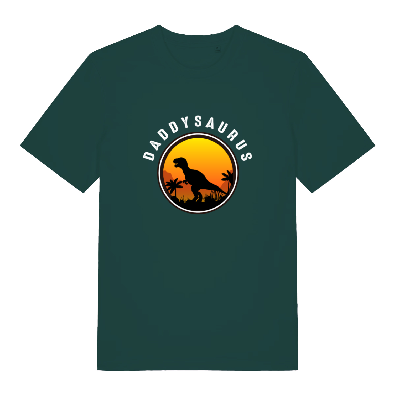 green dad t-shirt with the graphic of a t-rex and the slogan 'daddysaurus'