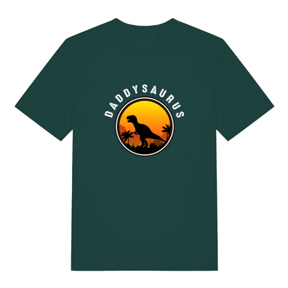 green dad t-shirt with the graphic of a t-rex and the slogan 'daddysaurus'