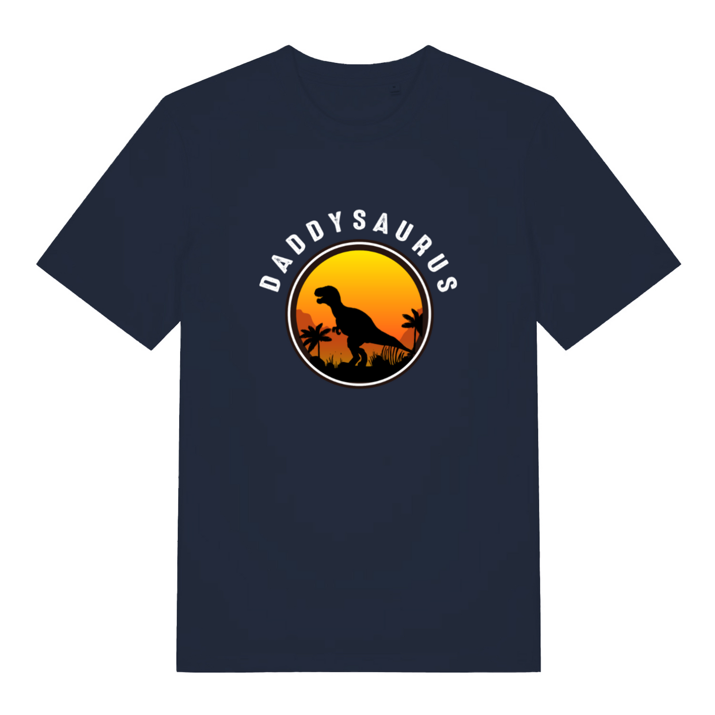 navy dad t-shirt with the graphic of a t-rex and the slogan 'daddysaurus'