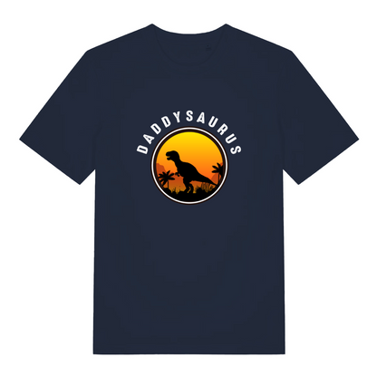 navy dad t-shirt with the graphic of a t-rex and the slogan 'daddysaurus'
