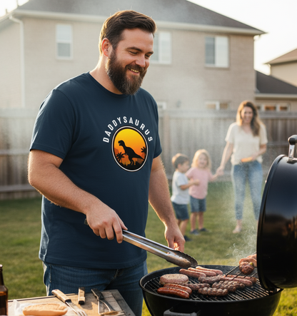 Man grilling outdoors with family in the background whilst wearing a graphic t-shirt with a t-rex and the slogan 'daddysaurus'