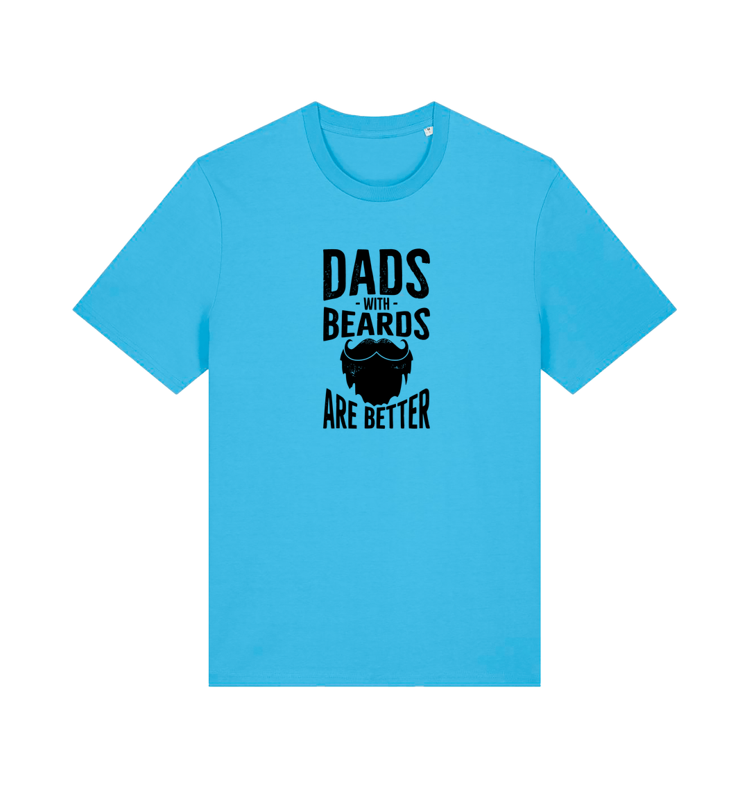 blue dad t-shirt with the graphic of a beard and the slogan 'dads with beards are better'