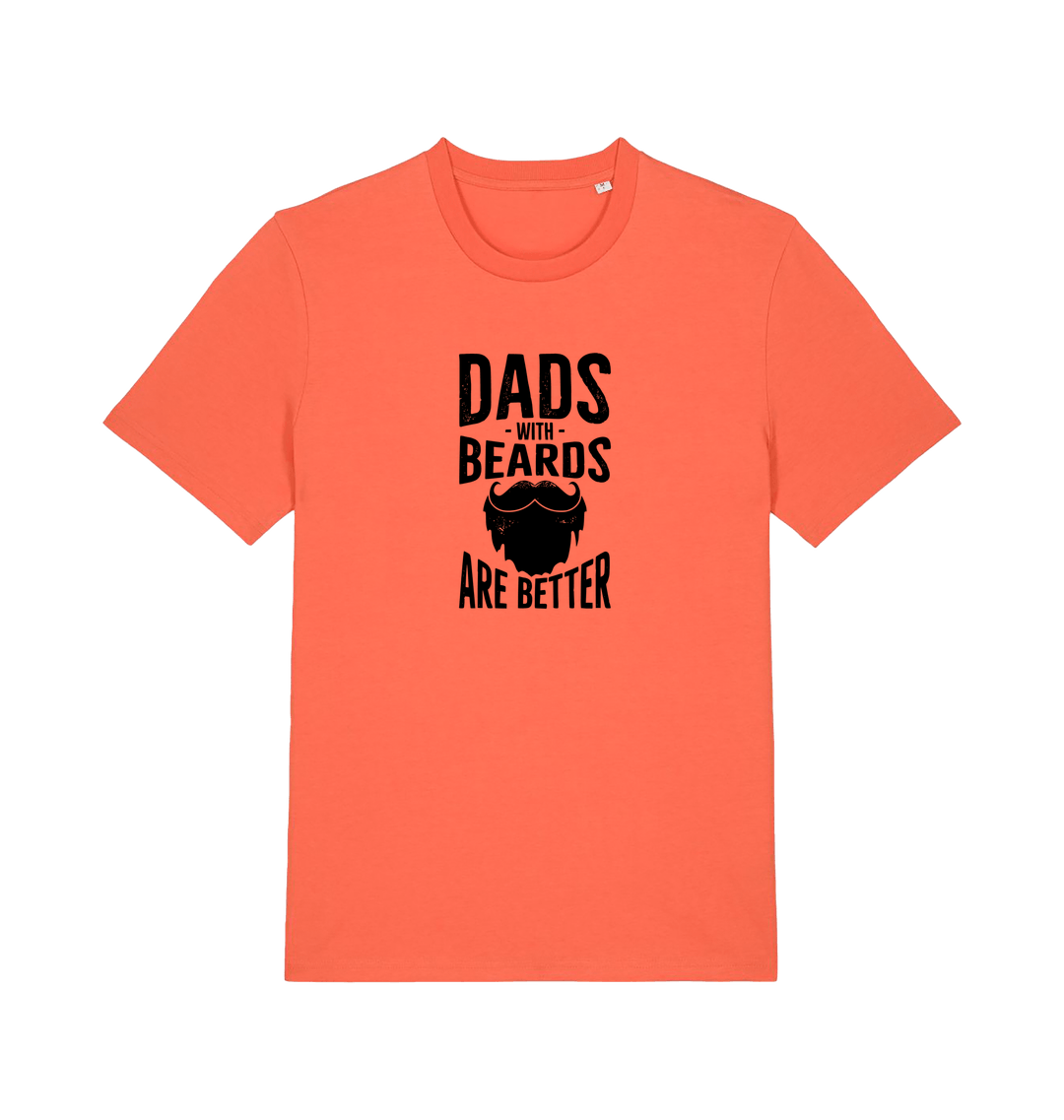 orange dad t-shirt with the graphic of a beard and the slogan 'dads with beards are better'