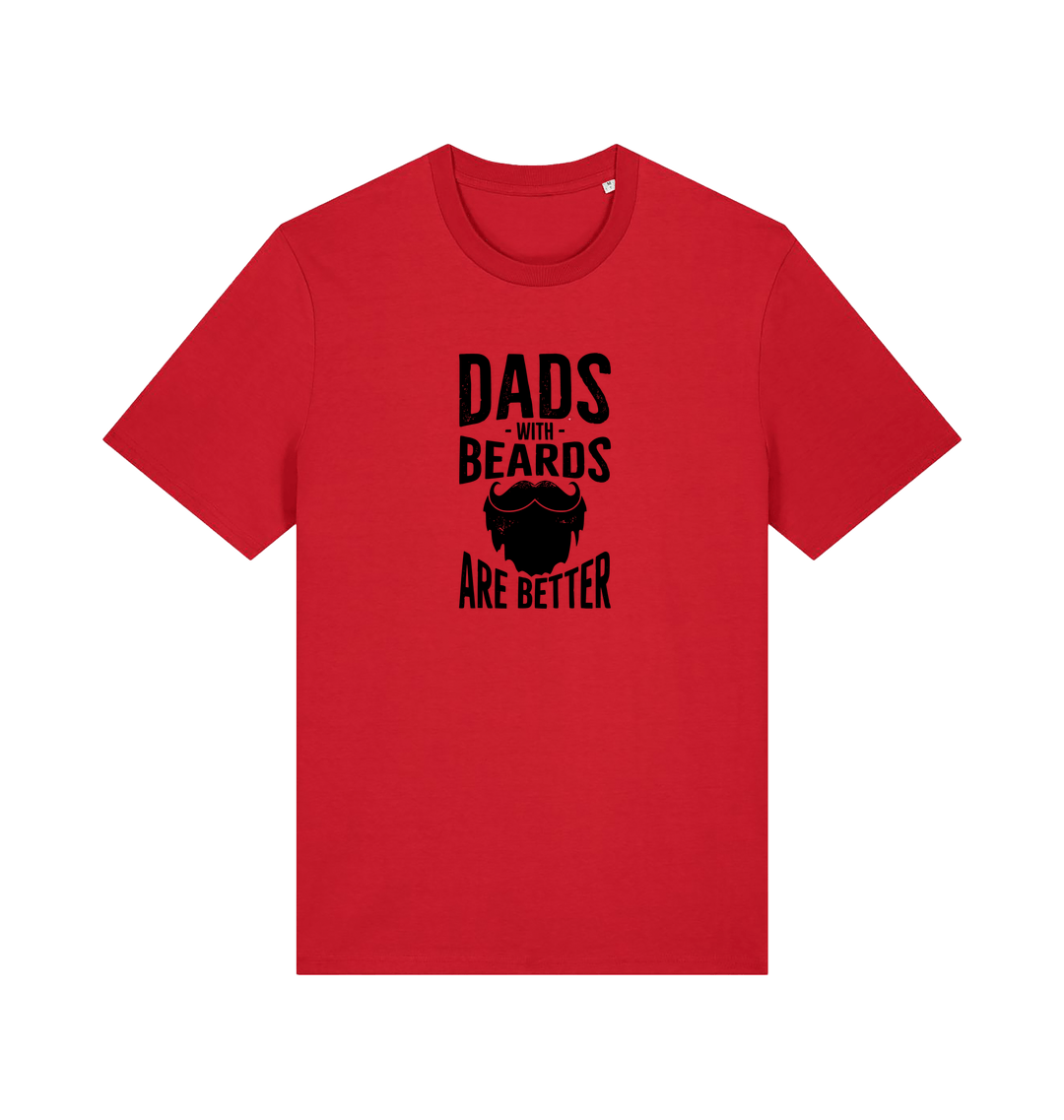 red dad t-shirt with the graphic of a beard and the slogan 'dads with beards are better'