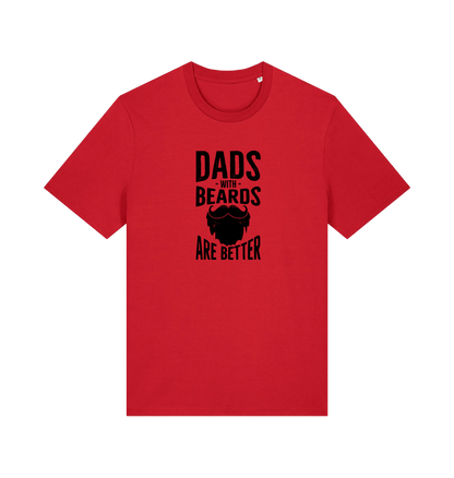 red dad t-shirt with the graphic of a beard and the slogan 'dads with beards are better'
