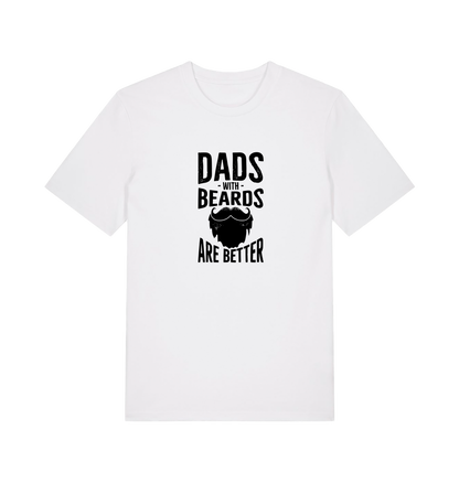white dad t-shirt with the graphic of a beard and the slogan 'dads with beards are better'