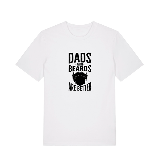 white dad t-shirt with the graphic of a beard and the slogan 'dads with beards are better'