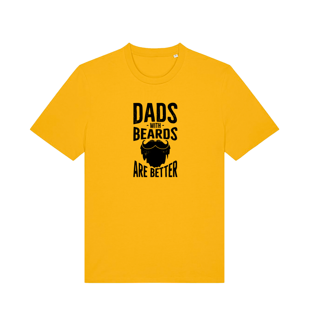 yellow dad t-shirt with the graphic of a beard and the slogan 'dads with beards are better'