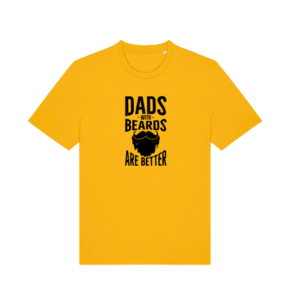 yellow dad t-shirt with the graphic of a beard and the slogan 'dads with beards are better'