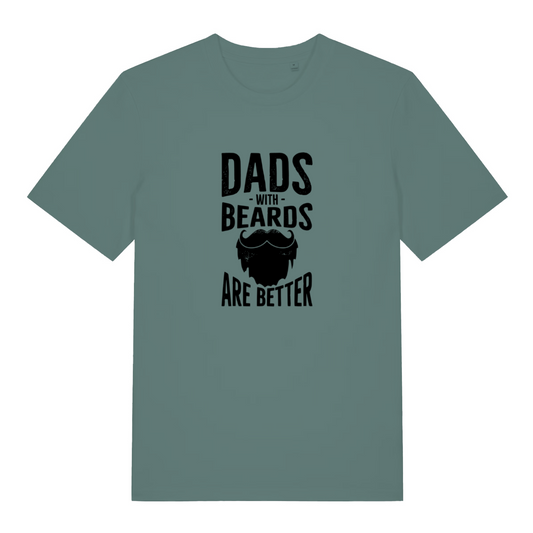 green dad t-shirt with the slogan 'dads with beards are better' and the graphic of a beard