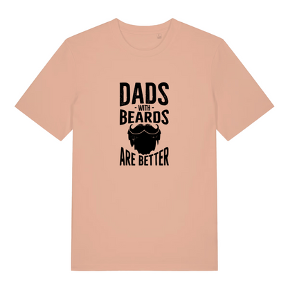 peach dad t-shirt with the slogan 'dads with beards are better' and the graphic of a beard