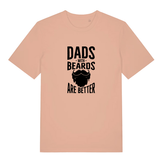 peach dad t-shirt with the slogan 'dads with beards are better' and the graphic of a beard