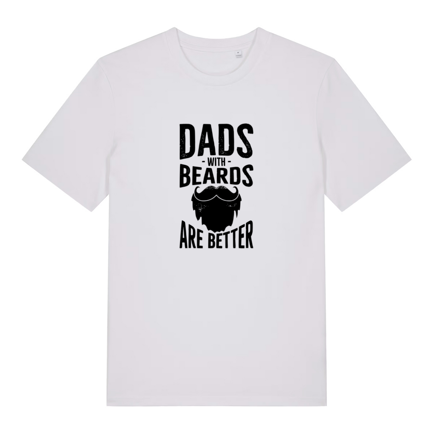 white dad t-shirt with the slogan 'dads with beards are better' and the graphic of a beard