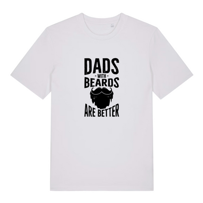 white dad t-shirt with the slogan 'dads with beards are better' and the graphic of a beard