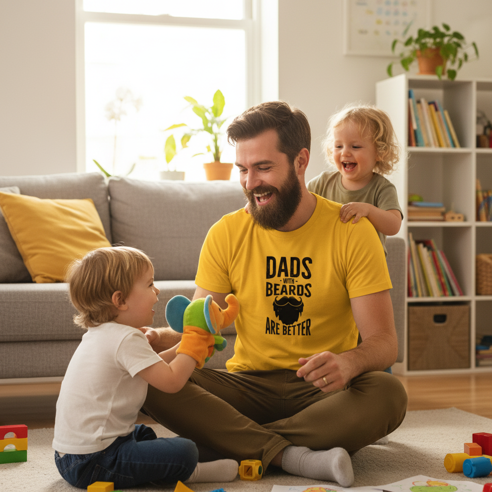 Man in a yellow shirt playing with two children in a living room.