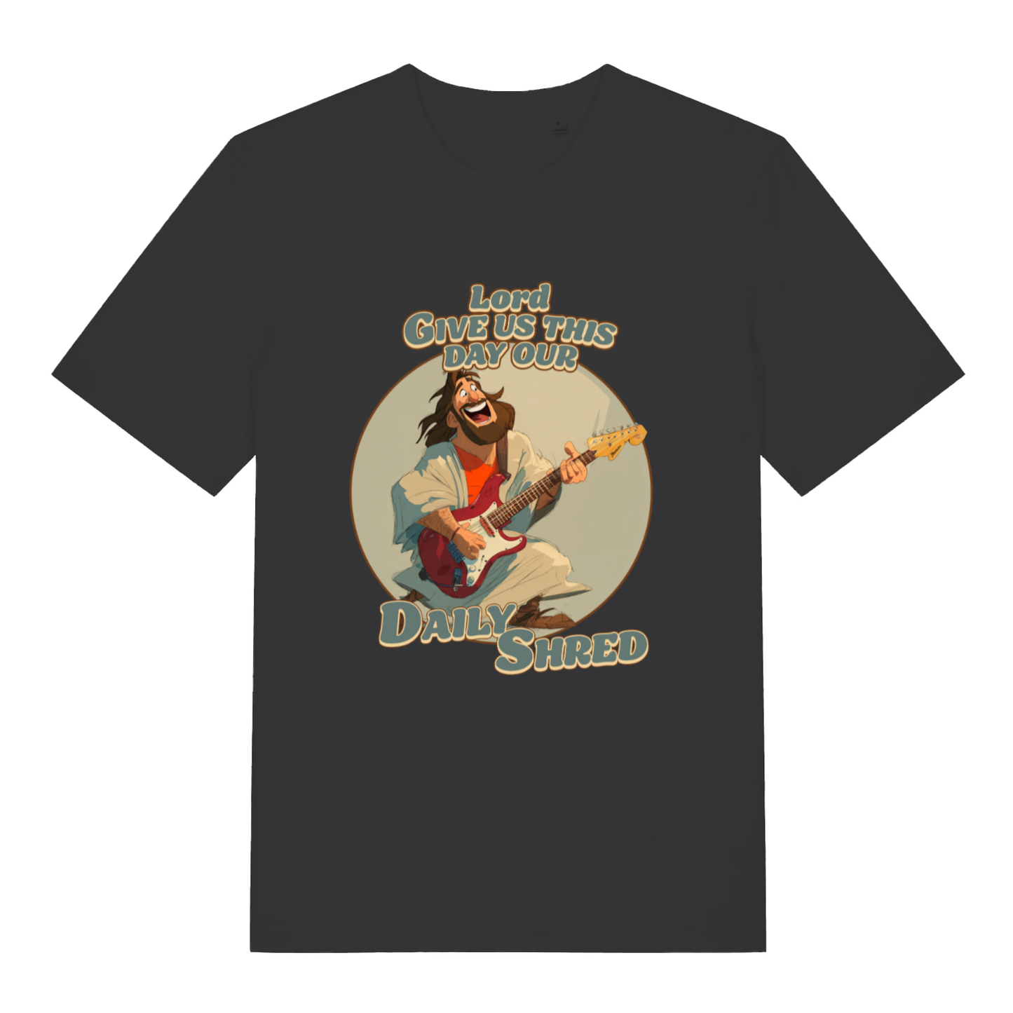 Black Daily Shred T-shirt flat lay with Jesus playing electric guitar "Lord Give Us This Day Our Daily Shred" graphic