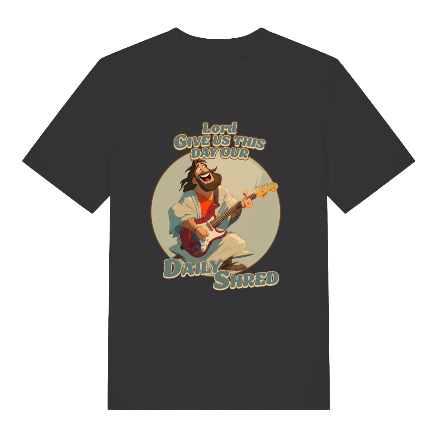 Black Daily Shred T-shirt flat lay with Jesus playing electric guitar "Lord Give Us This Day Our Daily Shred" graphic