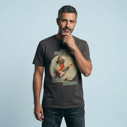 Man in black Daily Shred tee, funny witty guitar star jesus pun gift