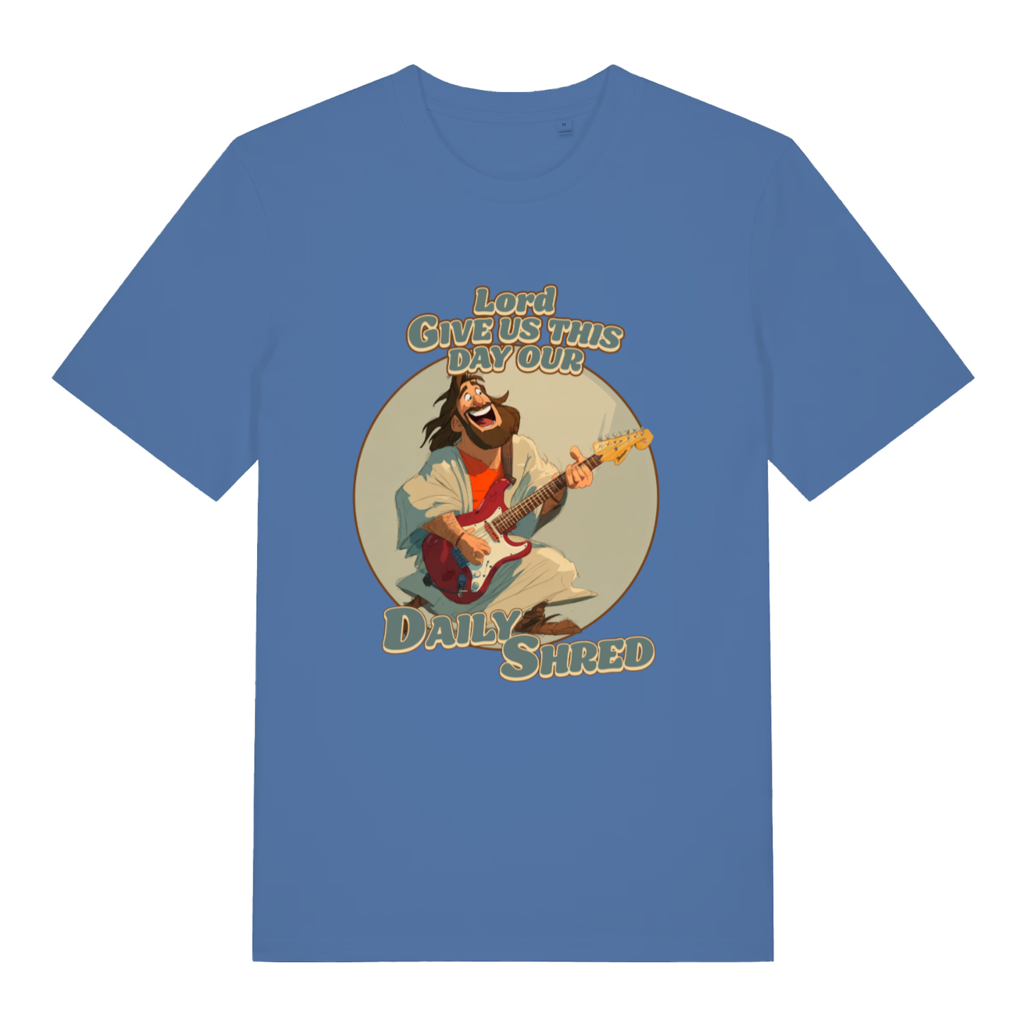 Bright Blue Daily Shred T-shirt flat lay featuring funny Jesus shredding guitar design