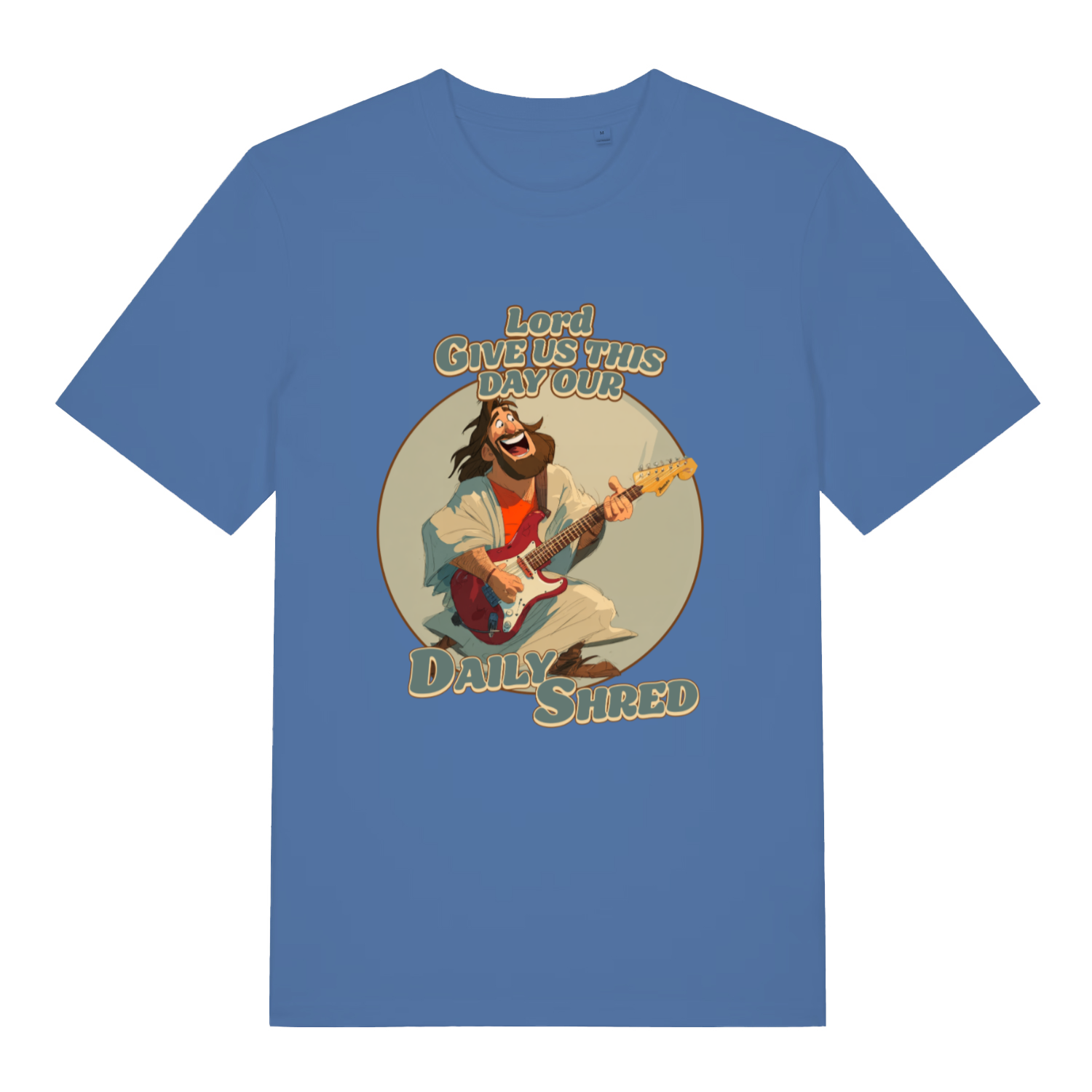 Bright Blue Daily Shred T-shirt flat lay featuring funny Jesus shredding guitar design
