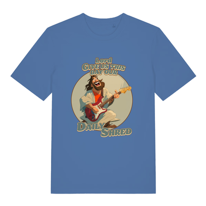 Bright Blue Daily Shred T-shirt flat lay featuring funny Jesus shredding guitar design