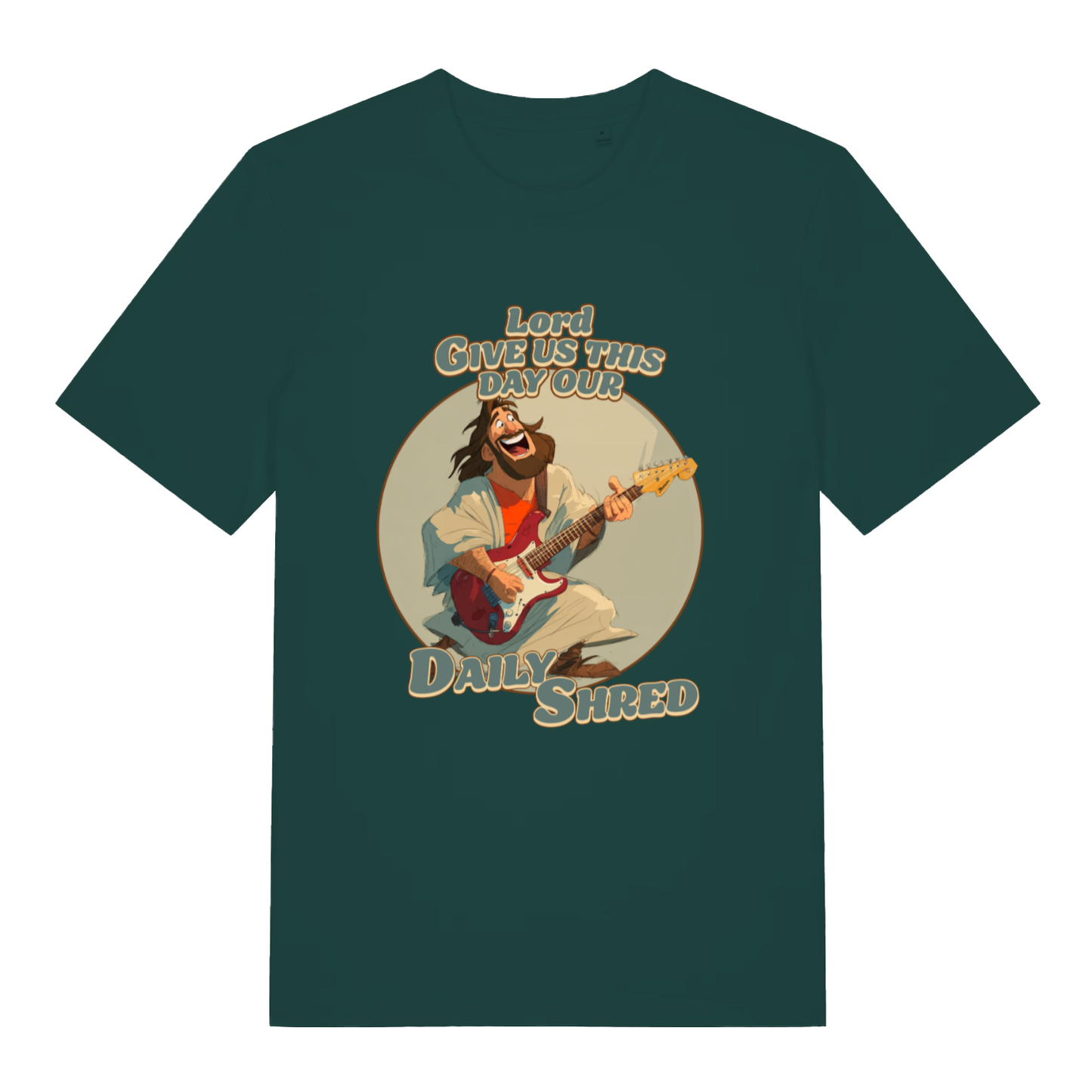 Glazed Green Daily Shred T-shirt flat lay showing rock Jesus daily shred illustration