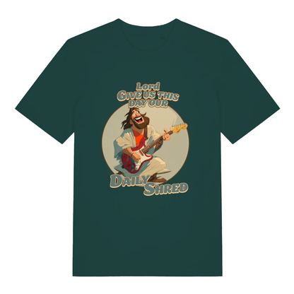 Glazed Green Daily Shred T-shirt flat lay showing rock Jesus daily shred illustration