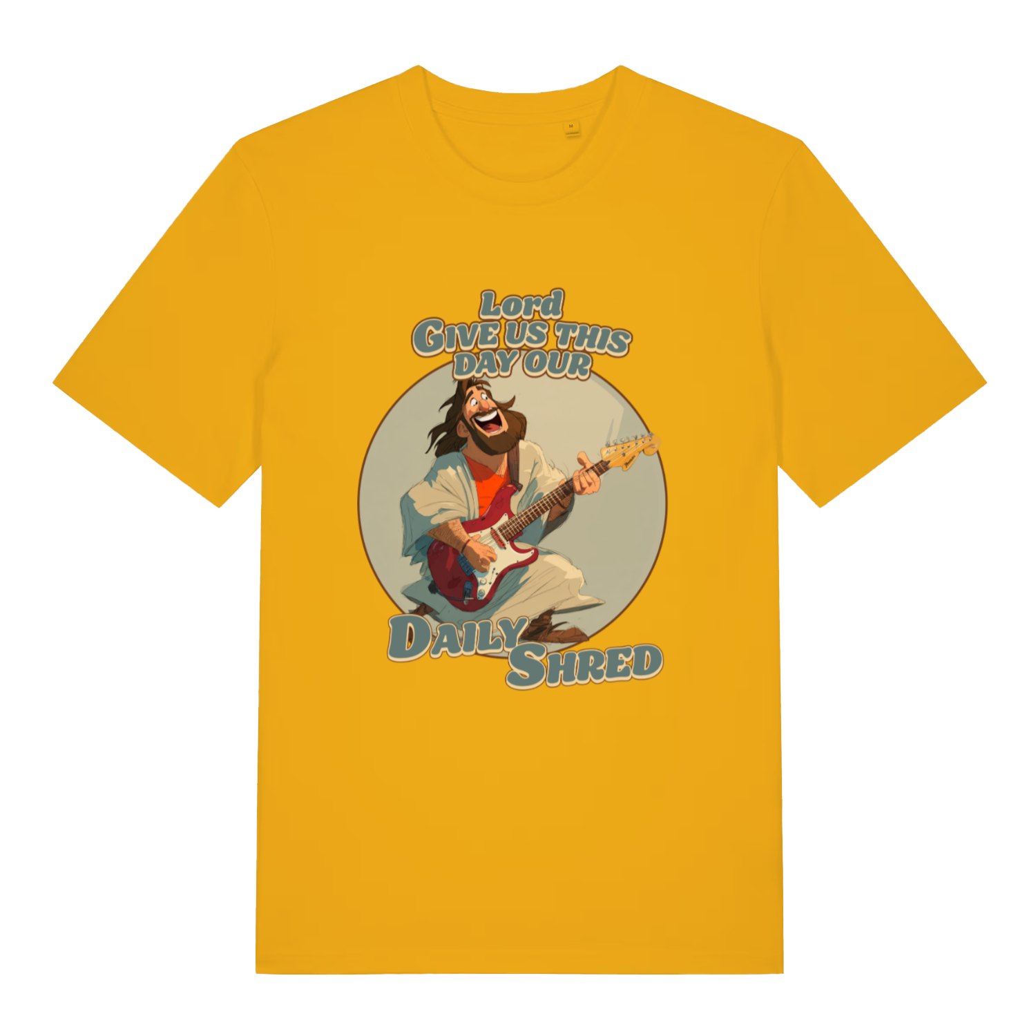 Spectra Yellow Daily Shred T-shirt flat lay with vibrant Jesus guitar pun graphic