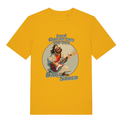 Spectra Yellow Daily Shred T-shirt flat lay with vibrant Jesus guitar pun graphic