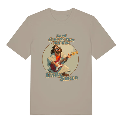 Stone Daily Shred T-shirt flat lay displaying "Lord Give Us This Day Our Daily Shred" design