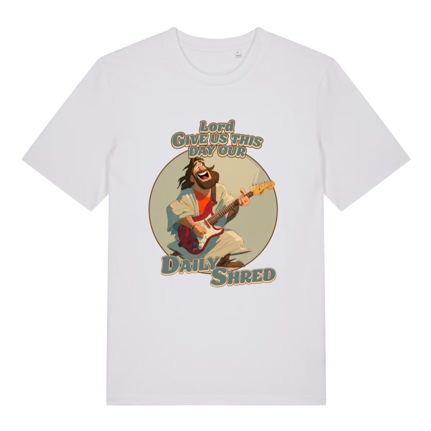 White Daily Shred T-shirt flat lay with clean Jesus electric guitar rock graphic