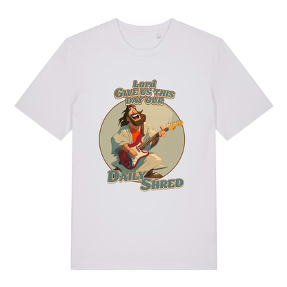 White Daily Shred T-shirt flat lay with clean Jesus electric guitar rock graphic