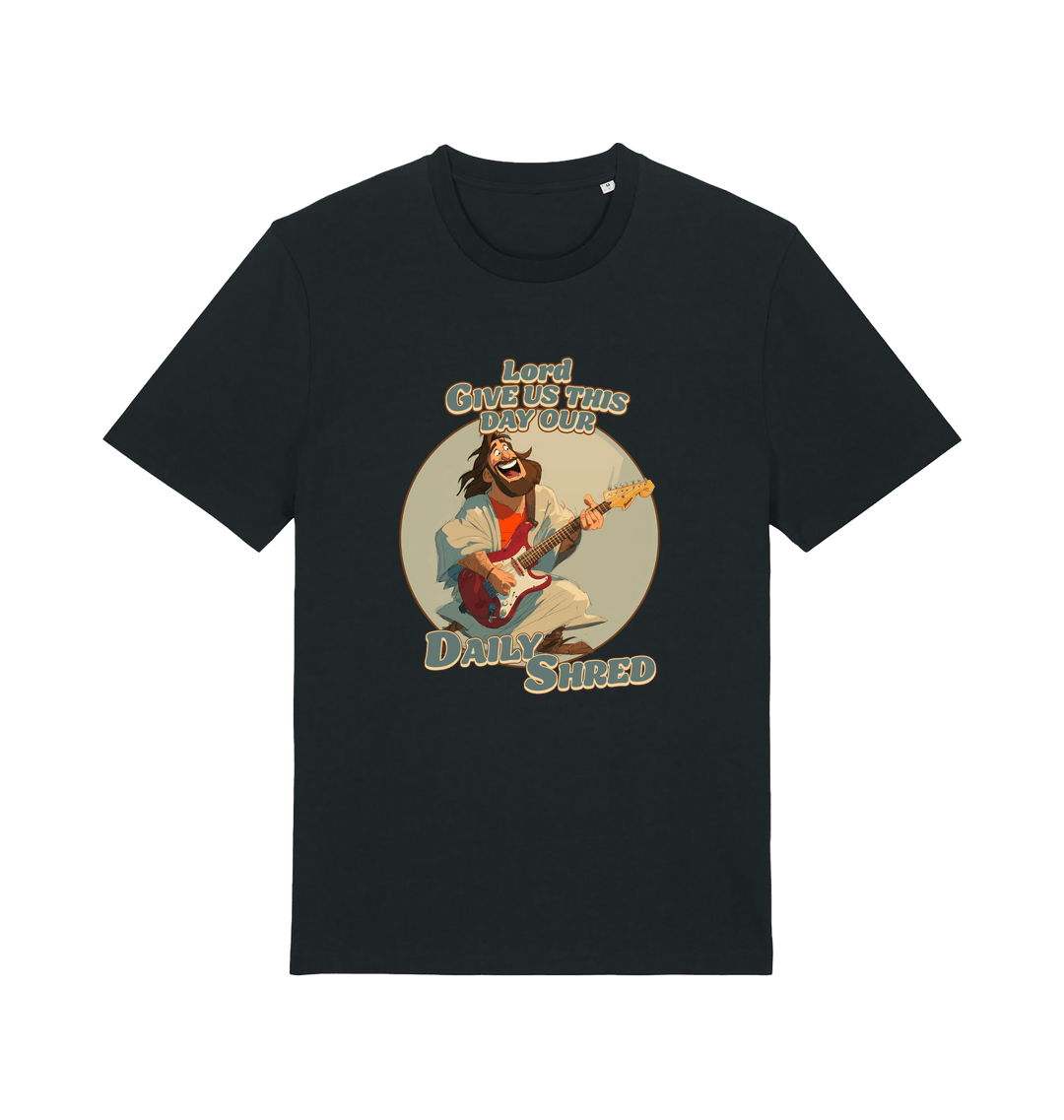 black funny t-shirt with the graphic of jesus playing a guitar