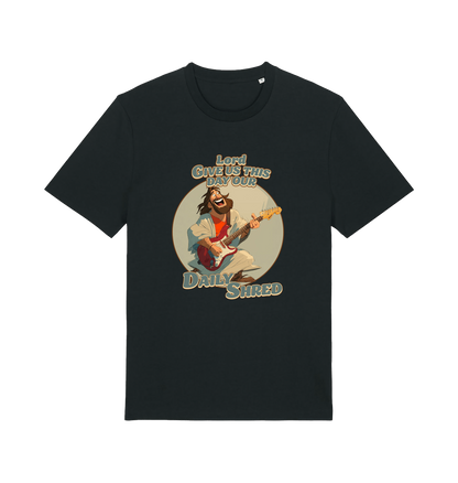 black funny t-shirt with the graphic of jesus playing a guitar