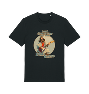 black funny t-shirt with the graphic of jesus playing a guitar