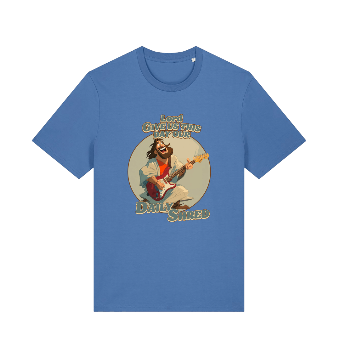 blue funny t-shirt with the graphic of jesus playing a guitar