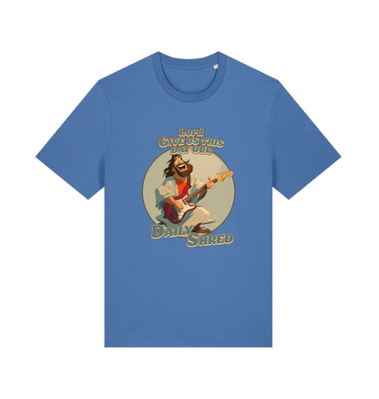 blue funny t-shirt with the graphic of jesus playing a guitar