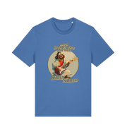 blue funny t-shirt with the graphic of jesus playing a guitar