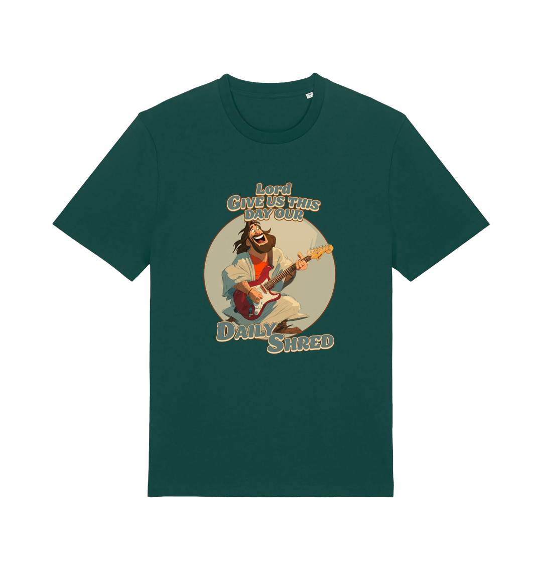green funny t-shirt with the graphic of jesus playing a guitar