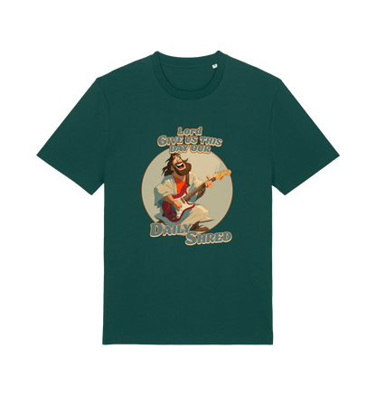 green funny t-shirt with the graphic of jesus playing a guitar