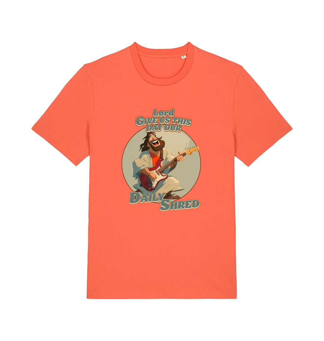 orange funny t-shirt with the graphic of jesus playing a guitar