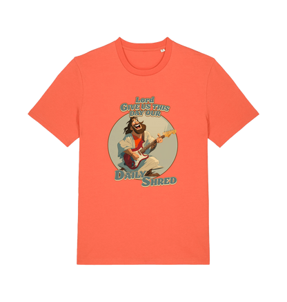 orange funny t-shirt with the graphic of jesus playing a guitar
