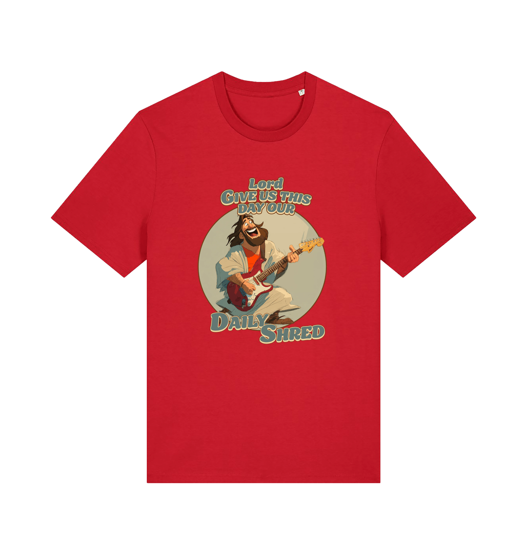 red funny t-shirt with the graphic of jesus playing a guitar